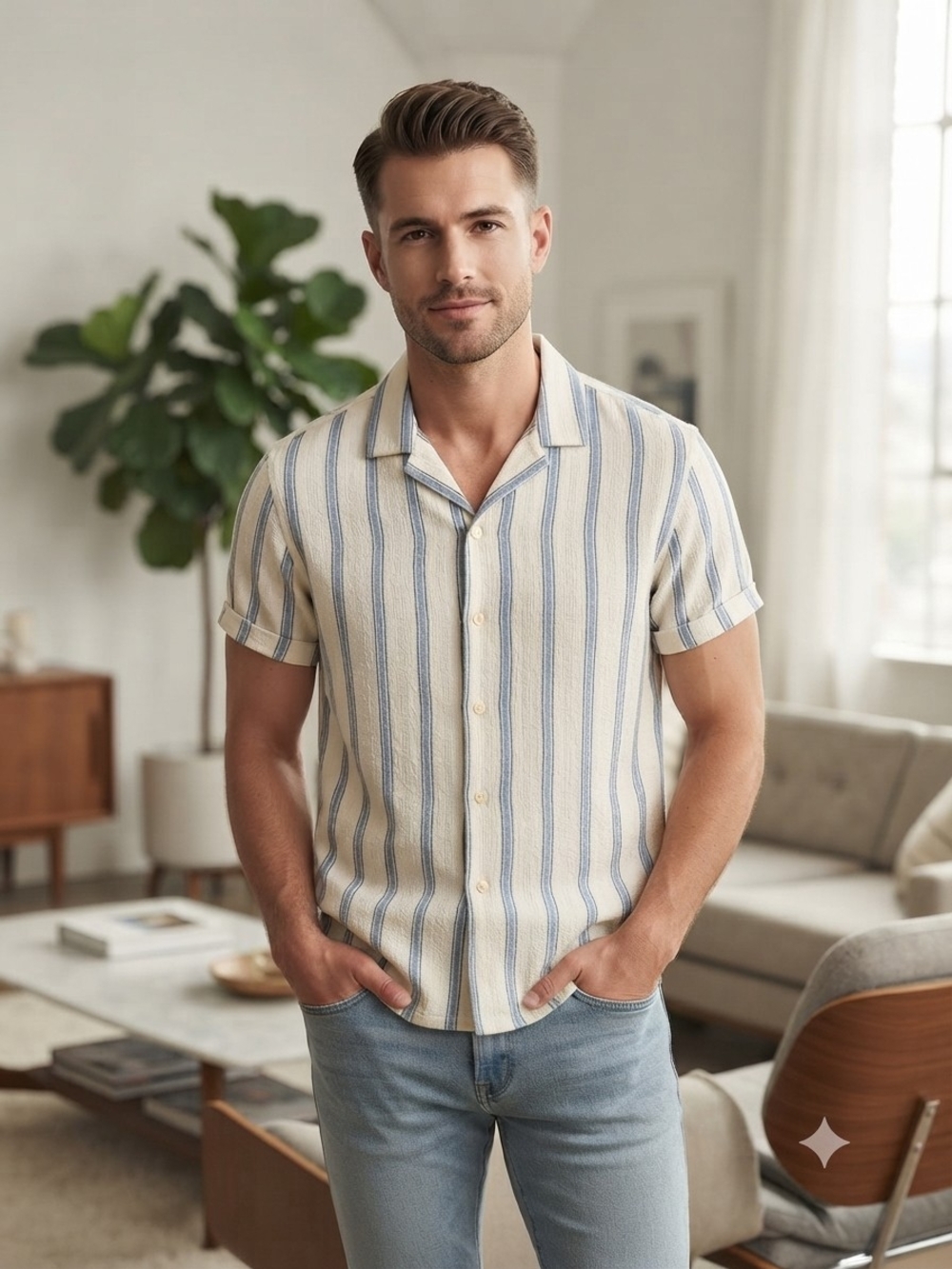 TRUTH Size M Men's Short Sleeve Button-Up Shirt in Wahit and Blue Stripe